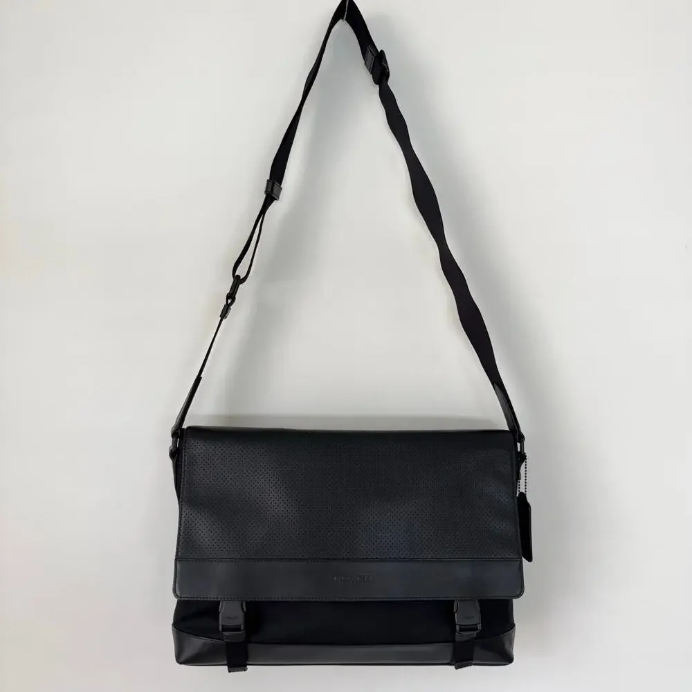 Coach Perforated Leather Nylon Sport Messenger Bag Black F71969